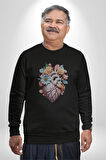 Porselen Çiçek Kalp Kadın Erkek  Siyah Baskılı Sweatshirt 