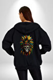Kurukafa İskelet  Kızılderili Tüy Kartal Şefi Kadın Erkek Siyah Renk Kapüşonlu Kanguru Cepli  Fermuarlı Pamuklu Oversize Dijital Baskılı Hırka Sweatshirt