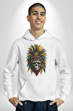Kurukafa İskelet  Kızılderili Tüy Kartal Şefi Kadın Erkek  Beyaz Kapüşonlu Sweatshirt Hoodie