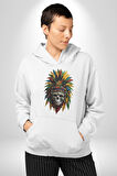 Kurukafa İskelet  Kızılderili Tüy Kartal Şefi Kadın Erkek  Beyaz Kapüşonlu Sweatshirt Hoodie