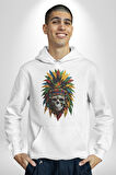 Kurukafa İskelet  Kızılderili Tüy Kartal Şefi Kadın Erkek  Beyaz Kapüşonlu Sweatshirt Hoodie