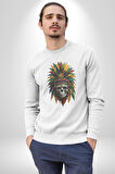 Kurukafa İskelet  Kızılderili Tüy Kartal Şefi Kadın Erkek  Beyaz Baskılı Sweatshirt 