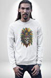 Kurukafa İskelet  Kızılderili Tüy Kartal Şefi Kadın Erkek  Beyaz Baskılı Sweatshirt 