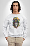 Kurukafa İskelet  Kızılderili Tüy Kartal Şefi Kadın Erkek  Beyaz Baskılı Sweatshirt 
