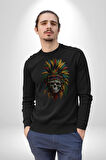Kurukafa İskelet  Kızılderili Tüy Kartal Şefi Kadın Erkek  Siyah Baskılı Sweatshirt 