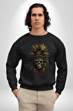 Kurukafa İskelet  Kızılderili Tüy Kartal Şefi Kadın Erkek  Siyah Baskılı Sweatshirt 