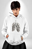 Porselen Akciğer Çiçekler Açmış Kadın Erkek  Beyaz Kapüşonlu Sweatshirt Hoodie