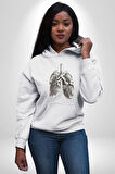 Porselen Akciğer Çiçekler Açmış Kadın Erkek  Beyaz Kapüşonlu Sweatshirt Hoodie