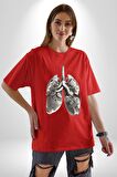 Porselen Akciğer Çiçekler Açmış Pamuklu Bisiklet Yaka Kadın Erkek Oversize Boyfriend Dijital Baskılı Kırmızı T-Shirt