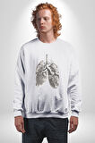 Porselen Akciğer Çiçekler Açmış Kadın Erkek  Beyaz Baskılı Sweatshirt 