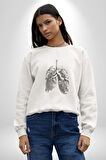 Porselen Akciğer Çiçekler Açmış Kadın Erkek  Beyaz Baskılı Sweatshirt 