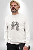 Porselen Akciğer Çiçekler Açmış Kadın Erkek  Beyaz Baskılı Sweatshirt 