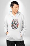 Beyaz Kaplan Ailesi Renkli Tüyler Kadın Erkek  Beyaz Kapüşonlu Sweatshirt Hoodie