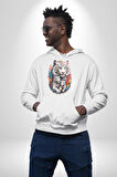 Beyaz Kaplan Ailesi Renkli Tüyler Kadın Erkek  Beyaz Kapüşonlu Sweatshirt Hoodie