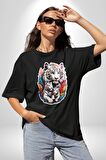 Beyaz Kaplan Ailesi Renkli Tüyler Pamuklu Bisiklet Yaka Kadın Erkek Oversize Boyfriend Dijital Baskılı Siyah T-shirt