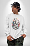 Beyaz Kaplan Ailesi Renkli Tüyler Kadın Erkek  Beyaz Baskılı Sweatshirt 