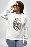 Beyaz Kaplan Ailesi Renkli Tüyler Kadın Erkek  Beyaz Baskılı Sweatshirt 