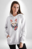 Renki Kedi Sarı Gözlü Tekir Kadın Erkek  Beyaz Kapüşonlu Sweatshirt Hoodie