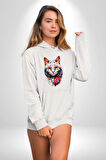 Renki Kedi Sarı Gözlü Tekir Kadın Erkek  Beyaz Kapüşonlu Sweatshirt Hoodie