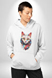 Renki Kedi Sarı Gözlü Tekir Kadın Erkek  Beyaz Kapüşonlu Sweatshirt Hoodie