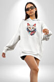 Renki Kedi Sarı Gözlü Tekir Kadın Erkek  Beyaz Kapüşonlu Sweatshirt Hoodie