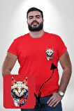 Renki Kedi Sarı Gözlü Tekir Kırmızı Büyük Beden Kadın Basic Minimal Baskılı Tişört