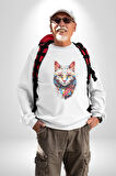 Renki Kedi Sarı Gözlü Tekir Kadın Erkek  Beyaz Baskılı Sweatshirt 