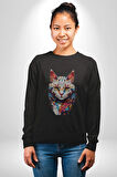 Renki Kedi Sarı Gözlü Tekir Kadın Erkek  Siyah Baskılı Sweatshirt 