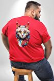 Renki Kedi Sarı Gözlü Tekir Büyük Beden Kırmızı Tişört Kadın Erkek Ünisex Sırt Baskılı