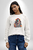 Astronot Yapay Zeka Yürüyüş Kadın Erkek  Beyaz Baskılı Sweatshirt 