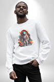 Astronot Yapay Zeka Yürüyüş Kadın Erkek  Beyaz Baskılı Sweatshirt 