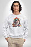 Astronot Yapay Zeka Yürüyüş Kadın Erkek  Beyaz Baskılı Sweatshirt 