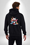 Renkli Yavru Panda  Kadın Erkek Siyah Renk Kapüşonlu Kanguru Cepli  Fermuarlı Pamuklu Oversize Dijital Baskılı Hırka Sweatshirt