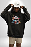 Renkli Yavru Panda  Kadın Erkek  Siyah Kapüşonlu Sweatshirt Hoodie