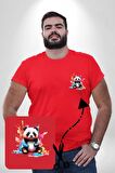 Renkli Yavru Panda  Kırmızı Büyük Beden Kadın Basic Minimal Baskılı Tişört