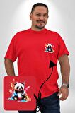 Renkli Yavru Panda  Kırmızı Büyük Beden Kadın Basic Minimal Baskılı Tişört