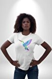 Sinek Kuşu Renkli Kadın Erkek Unisex Beyaz Organik Baskılı T-Shirt Penye Yüksek Kalite