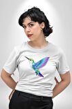 Sinek Kuşu Renkli Kadın Erkek Unisex Beyaz Organik Baskılı T-Shirt Penye Yüksek Kalite
