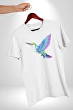 Sinek Kuşu Renkli Kadın Erkek Unisex Beyaz Organik Baskılı T-Shirt Penye Yüksek Kalite