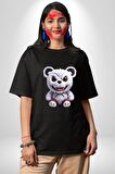 Freddy Korkunç Ayı Pamuklu Bisiklet Yaka Kadın Erkek Oversize Boyfriend Dijital Baskılı Siyah T-shirt