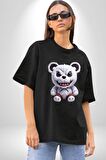Freddy Korkunç Ayı Pamuklu Bisiklet Yaka Kadın Erkek Oversize Boyfriend Dijital Baskılı Siyah T-shirt