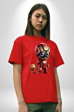 Yenilmezler Avengers Bebek Iron Man Pamuklu Bisiklet Yaka Kadın Erkek Oversize Boyfriend Dijital Baskılı Kırmızı T-Shirt