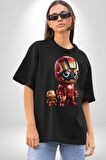Yenilmezler Avengers Bebek Iron Man Pamuklu Bisiklet Yaka Kadın Erkek Oversize Boyfriend Dijital Baskılı Siyah T-shirt