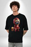 Yenilmezler Avengers Bebek Iron Man Pamuklu Bisiklet Yaka Kadın Erkek Oversize Boyfriend Dijital Baskılı Siyah T-shirt