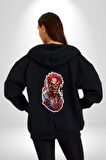 Zombi Kırmızı The Walking Dead  Kadın Erkek Siyah Renk Kapüşonlu Kanguru Cepli  Fermuarlı Pamuklu Oversize Dijital Baskılı Hırka Sweatshirt