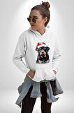 Yeni Yıl Noel Rottweiler Kadın Erkek  Beyaz Kapüşonlu Sweatshirt Hoodie