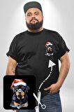 Yeni Yıl Noel Rottweiler Siyah Büyük Beden Kadın Basic Minimal Baskılı Tişört