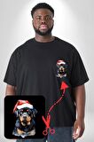 Yeni Yıl Noel Rottweiler Siyah Büyük Beden Kadın Basic Minimal Baskılı Tişört