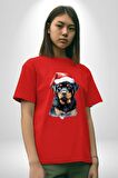 Yeni Yıl Noel Rottweiler Pamuklu Bisiklet Yaka Kadın Erkek Oversize Boyfriend Dijital Baskılı Kırmızı T-Shirt