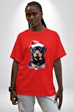Yeni Yıl Noel Rottweiler Pamuklu Bisiklet Yaka Kadın Erkek Oversize Boyfriend Dijital Baskılı Kırmızı T-Shirt